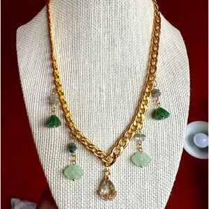 Jade Charms & Amazonite Crystal Gold Necklace